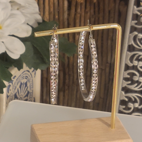 SILVER PLATED IN -OUT CZ HOOP EARRINGS HOOPS - Picture 2 of 4